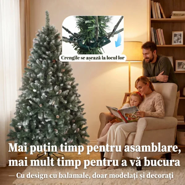 Brad de Craciun inzapezit, inalt de 180 cm, cu 910 ramuri si conuri, baza pliabila din metal, verde - imagine 6
