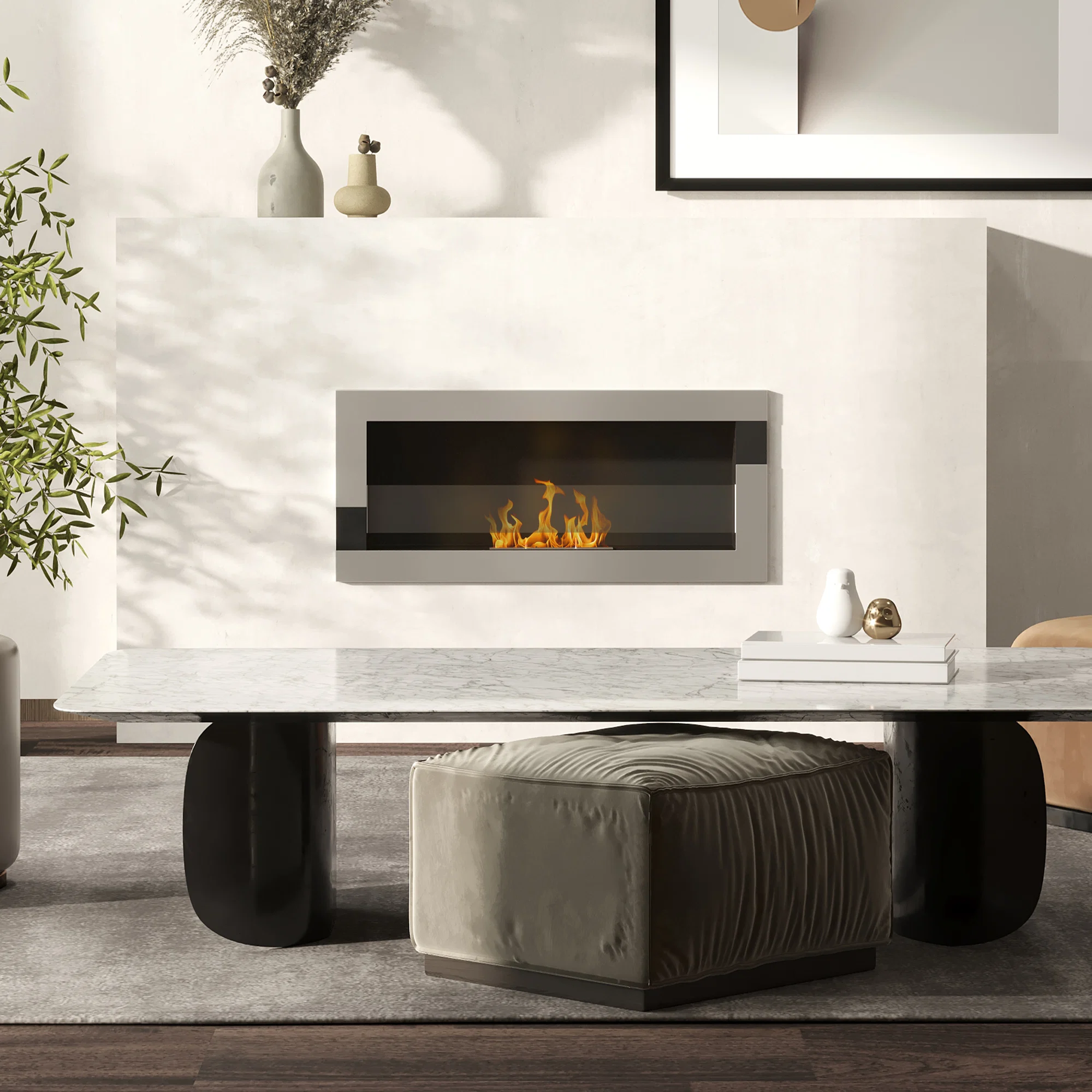 Semineu cu bioetanol montat pe perete din otel inoxidabil, 90x16x40cm, argintiu 1 Semineu cu bioetanol Luxe Fire montat pe perete