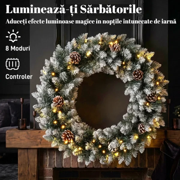 Coronita de Craciun 60 cm cu lumini LED, 8 moduri, 140 ramuri, conuri de pin, verde - imagine 5