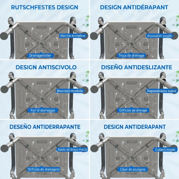 Taburet pentru Dus Reglabil cu Brate si Orificii de Drenaj, din Aluminiu, HDPE si EVA, 52x45x57-69 cm - imagine 6