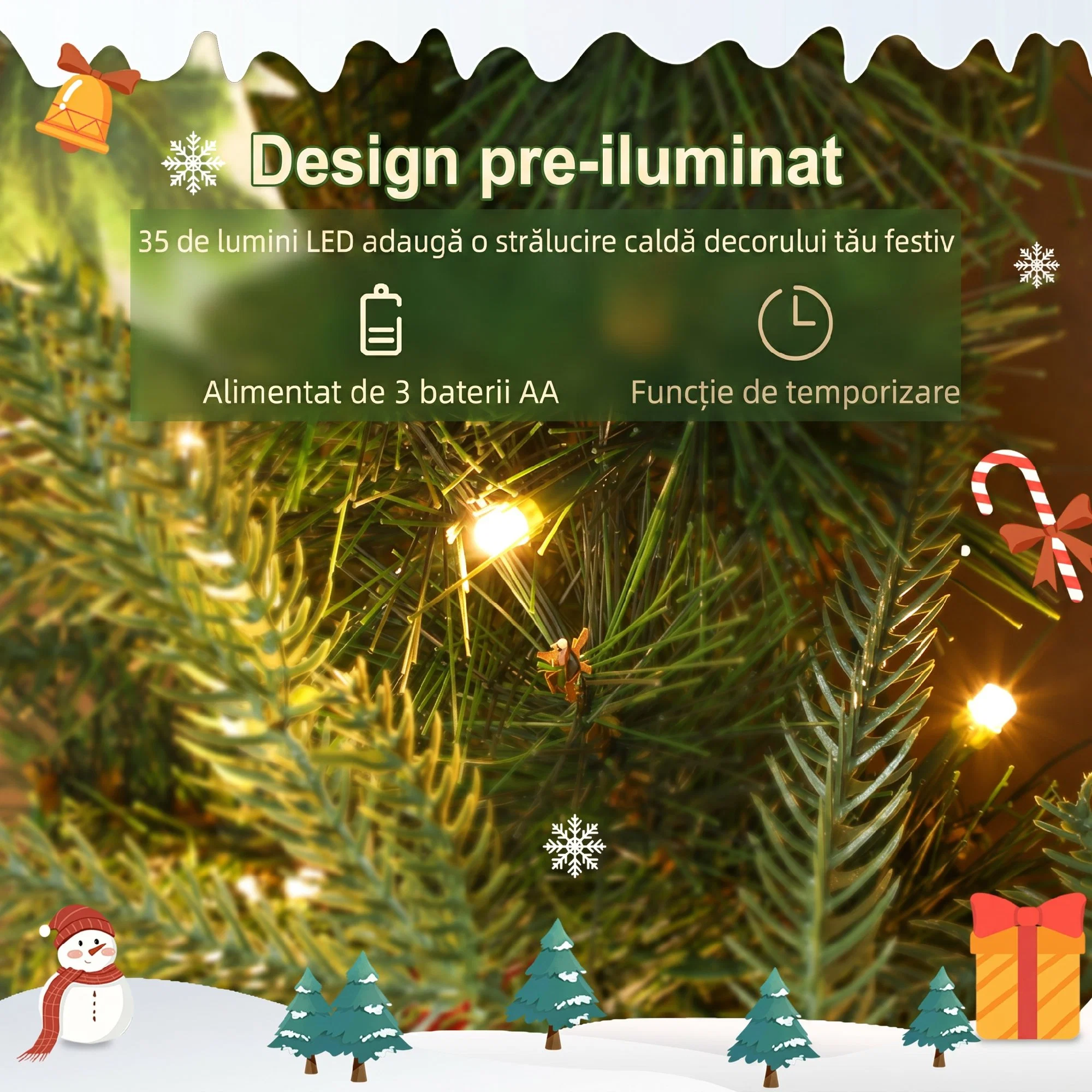 Ghirlanda de Craciun de 60 cm cu lumini LED albe, timer, conuri, boabe si frunze de ilex, verde 2 Detaliu cu iluminarea LED si ornamentele cununii de Craciun