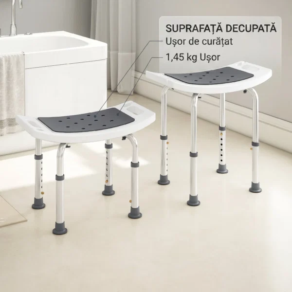 Scaun de Dus din Aluminiu si Plastic Antialunecare, Inaltime Reglabila 6 Niveluri 39-52cm, Gri - imagine 9