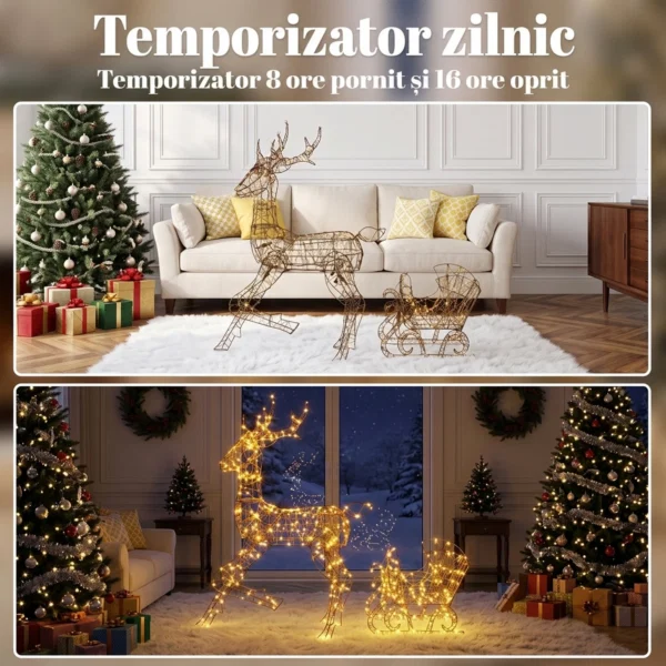 Rena luminoasa de Craciun cu sanie, 175 LED-uri alb cald, 8 moduri de iluminare, timer, IP44, maro - imagine 6