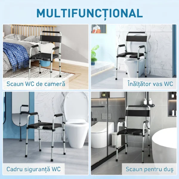 Scaun WC Pliabil si Reglabil cu Brate si Spatar, din Otel si Piele PU, 52.5x46x81.5-97 cm, Negru - imagine 4