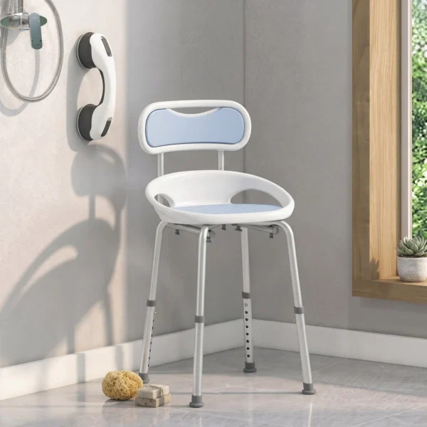Scaun de Dus cu Spatar si Sezut Perforat, 8 Niveluri Reglabil, Antiderapant, 49,5 x 54 x 92 cm, Albastru - imagine 9
