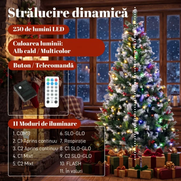 Brad de Craciun Nins 180 cm, 250 LED-uri Bicolore, Telecomanda, 11 Moduri, 840 Ramuri, Conuri, Bobite Rosii - imagine 5