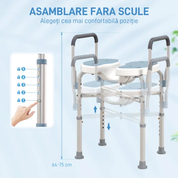 Scaun pentru dus cu sezut canelat si manere, inaltime reglabila si picioare anti-alunecare, albastru - imagine 5