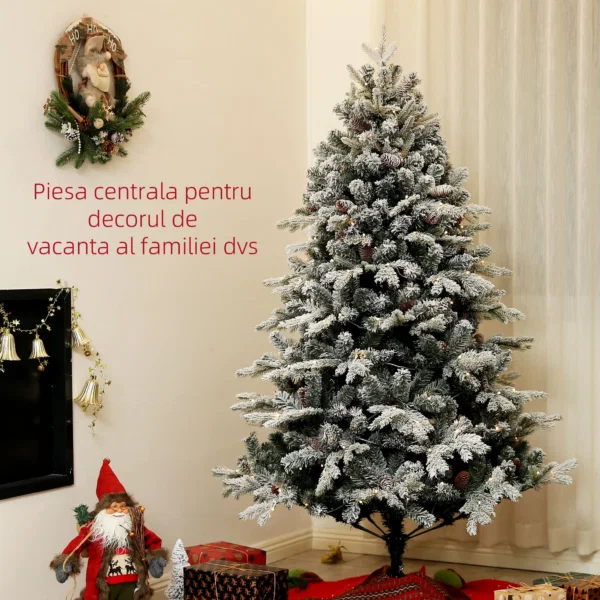 Pom de Craciun Artificial 180cm cu 793 Ramuri, Lumini LED si Ramuri Inzapezite, Verde - imagine 4