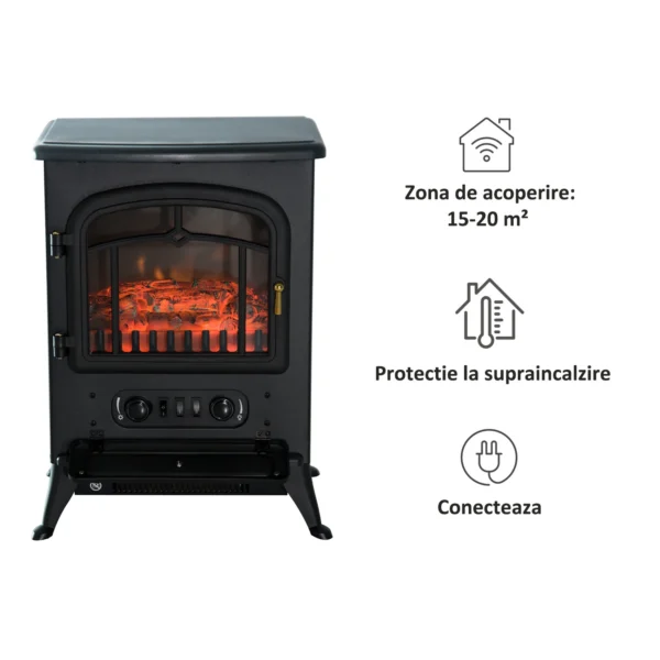 Semineu Electric Durham, de Podea, 42 × 54 cm, Efect de Flacara Reglabil, 2 Trepte de Incalzire, 950/1850 W, Termostat, Negru - imagine 4