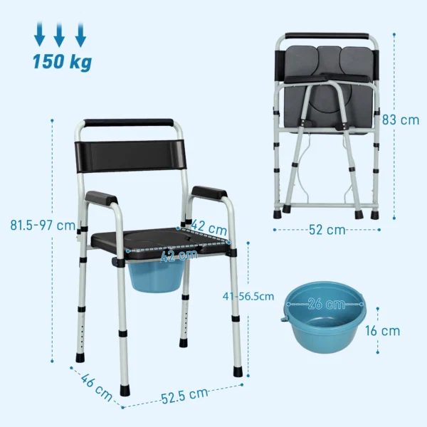 Scaun WC Pliabil si Reglabil cu Brate si Spatar, din Otel si Piele PU, 52.5x46x81.5-97 cm, Negru - imagine 3
