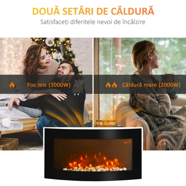 Semineu Electric Odense, de Perete, 89,2 × 48 cm, Iluminare LED in 7 Culori, 2 Trepte de Incalzire, 1000/2000 W, Telecomanda, Negru - imagine 4