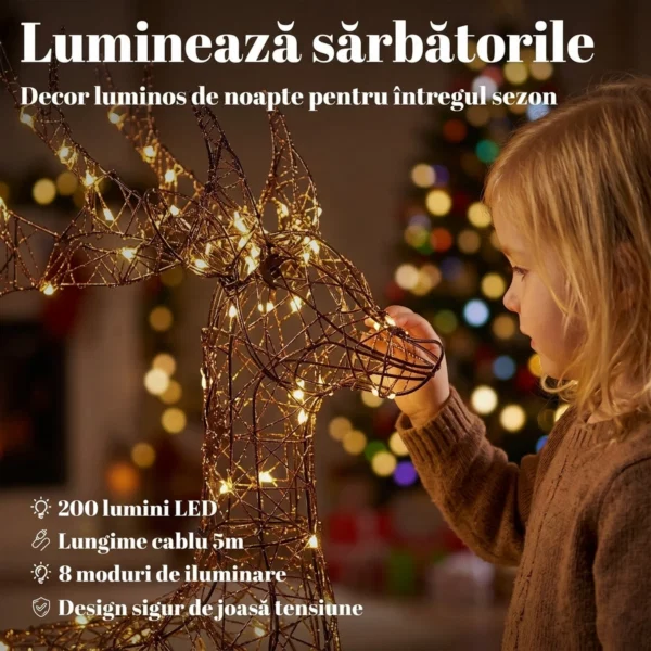 Set 3 reni luminosi de Craciun pentru exterior, 120 cm, 200 LED-uri alb cald, 8 moduri de iluminare, timer, maro - imagine 5