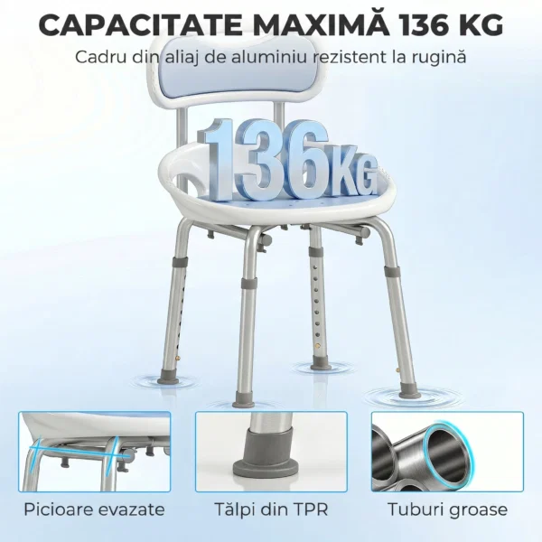 Scaun de Dus cu Spatar si Sezut Perforat, 8 Niveluri Reglabil, Antiderapant, 49,5 x 54 x 92 cm, Albastru - imagine 6