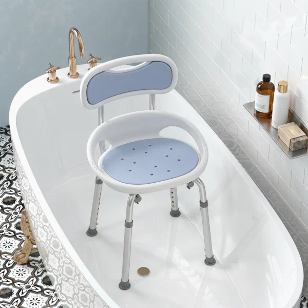 Scaun de Dus cu Spatar si Sezut Perforat, 8 Niveluri Reglabil, Antiderapant, 49,5 x 54 x 92 cm, Albastru - imagine 8