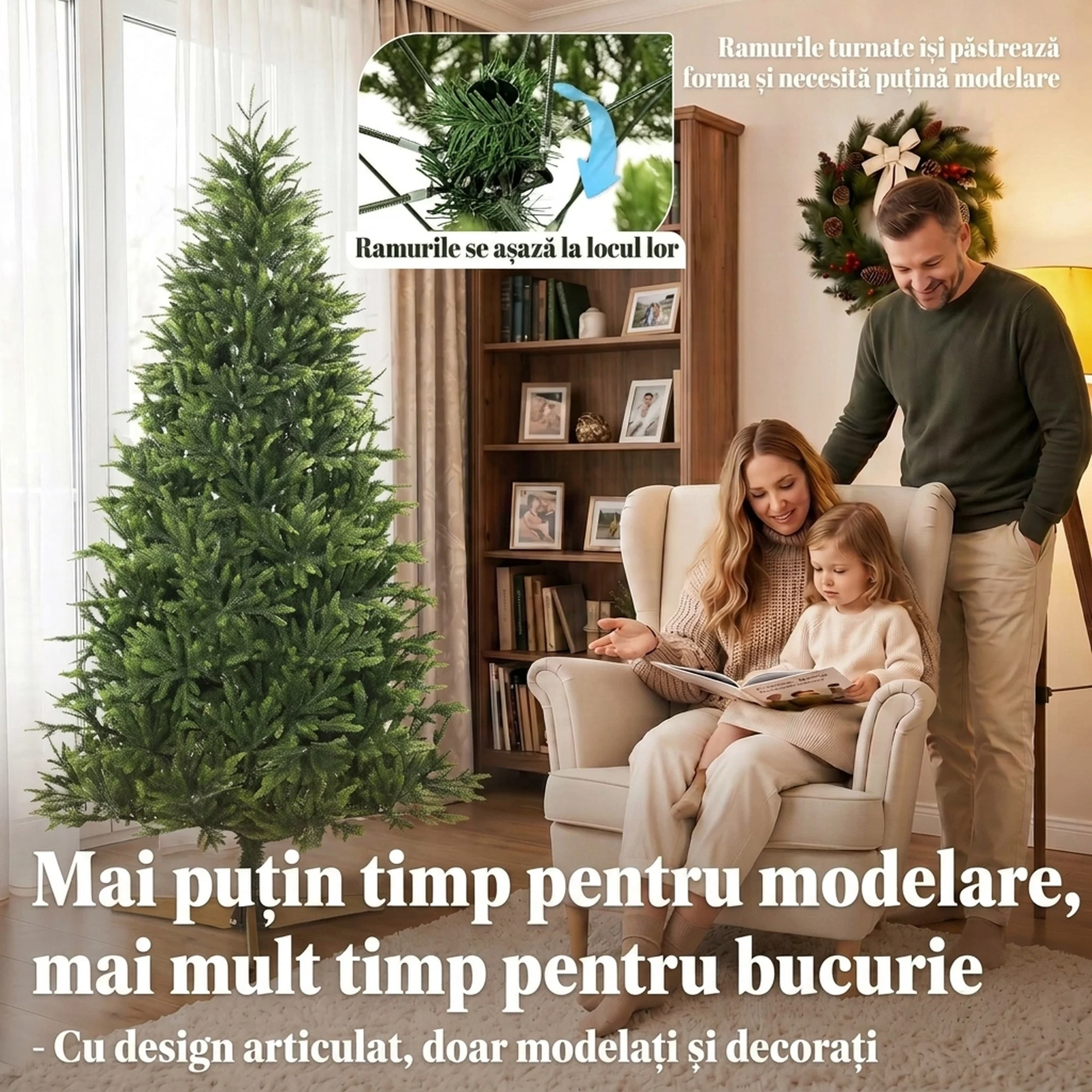 Brad artificial de Craciun 180 cm, aspect realist si bogat, 732 ramuri din PE ignifug, baza pliabila din lemn, verde 3 Ramurile bradului artificial se deschid si se modeleaza