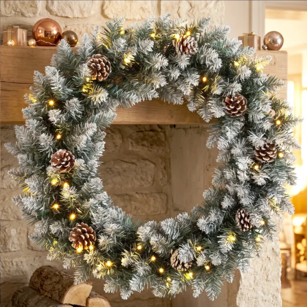 Coronita de Craciun 60 cm cu lumini LED, 8 moduri, 140 ramuri, conuri de pin, verde - imagine 8