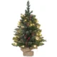 Mini brad de Craciun 60 cm cu lumini integrate, 86 ramuri, conuri de pin, bobite rosii, baza din ciment, verde