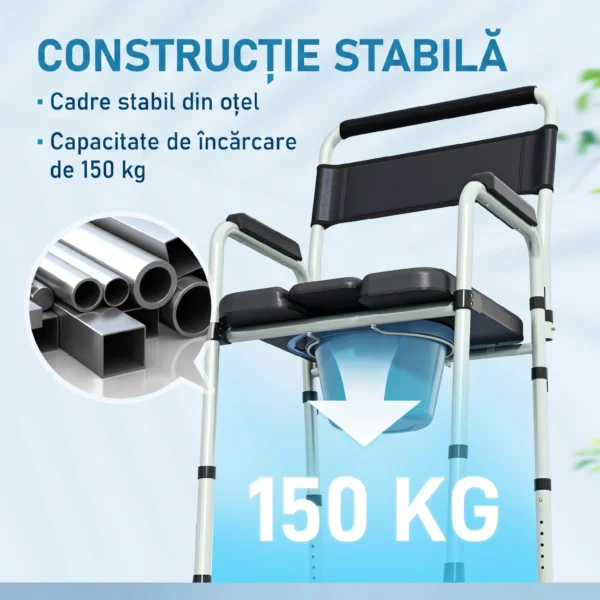 Scaun WC Pliabil si Reglabil cu Brate si Spatar, din Otel si Piele PU, 52.5x46x81.5-97 cm, Negru - imagine 5