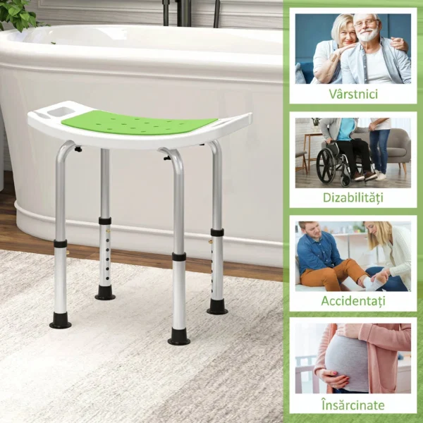 Scaun pentru dus din aluminiu si plastic antiderapant, inaltime reglabila pe 6 nivele, 39-52cm, verde - imagine 7