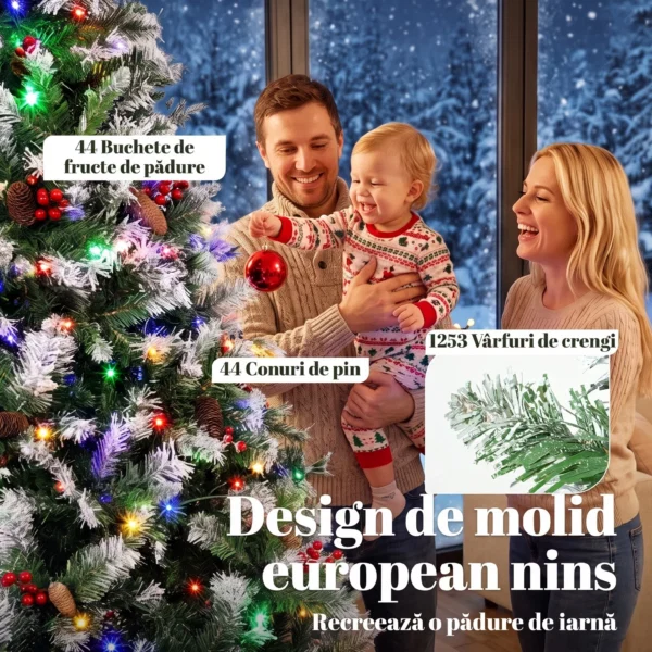 Brad de Craciun Inzapezit 210 cm, 400 de Lumini LED Bicolore, Telecomanda, 11 Modalitati, 1253 de Ramuri, Conuri de Pin, Fructe Rosii - imagine 6