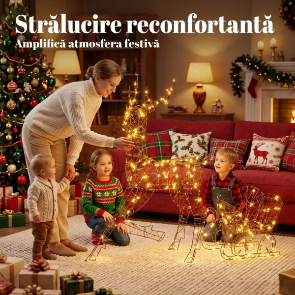 Rena luminoasa de Craciun cu sanie, 175 LED-uri alb cald, 8 moduri de iluminare, timer, IP44, maro - imagine 4