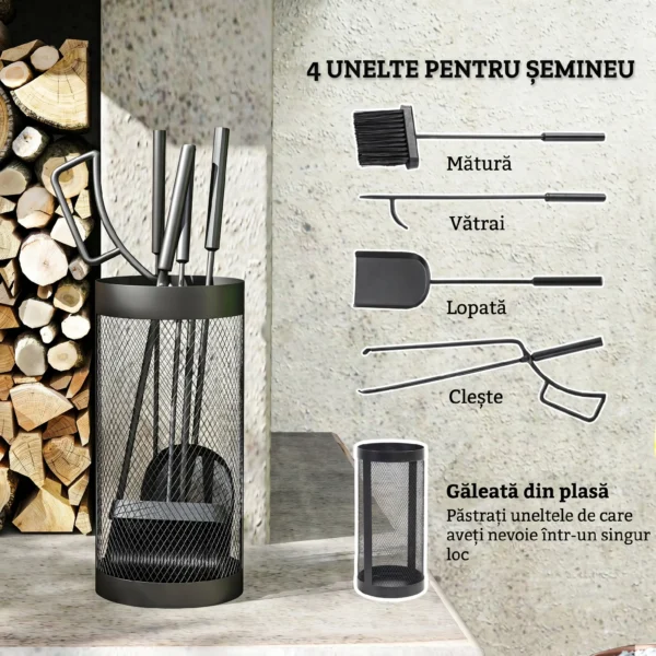 Set de Accesorii pentru Semineu, 5 Piese din Metal, Matura, Lopata, Cleste, Carlig si Cos, Negru - imagine 4