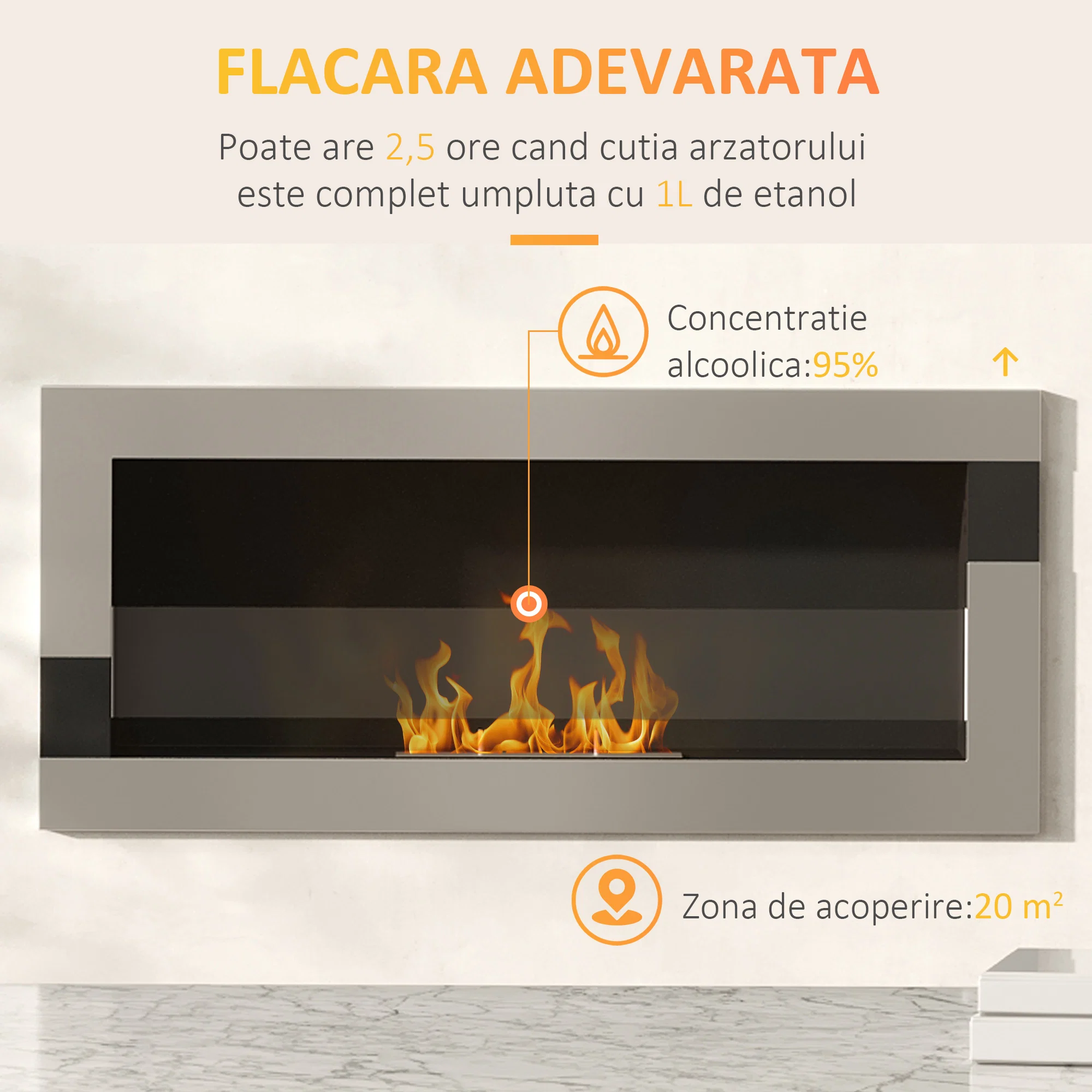 Semineu cu bioetanol montat pe perete din otel inoxidabil, 90x16x40cm, argintiu 2 Semineul Luxe Fire cu arzator de bioetanol