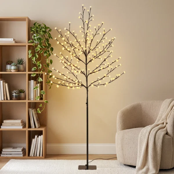 Copac de Craciun tip cires, 180 cm, cu LED-uri, 20 ramuri, timer zilnic, pentru interior si exterior acoperit, negru - imagine 10