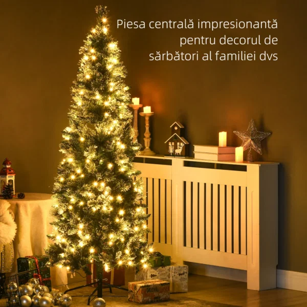 Brad de Craciun 180cm Artificial cu 240 Lumini LED si 618 Ramuri, Brad Acoperit cu Zapada Inalt si Ingust cu Postament din Otel - imagine 4
