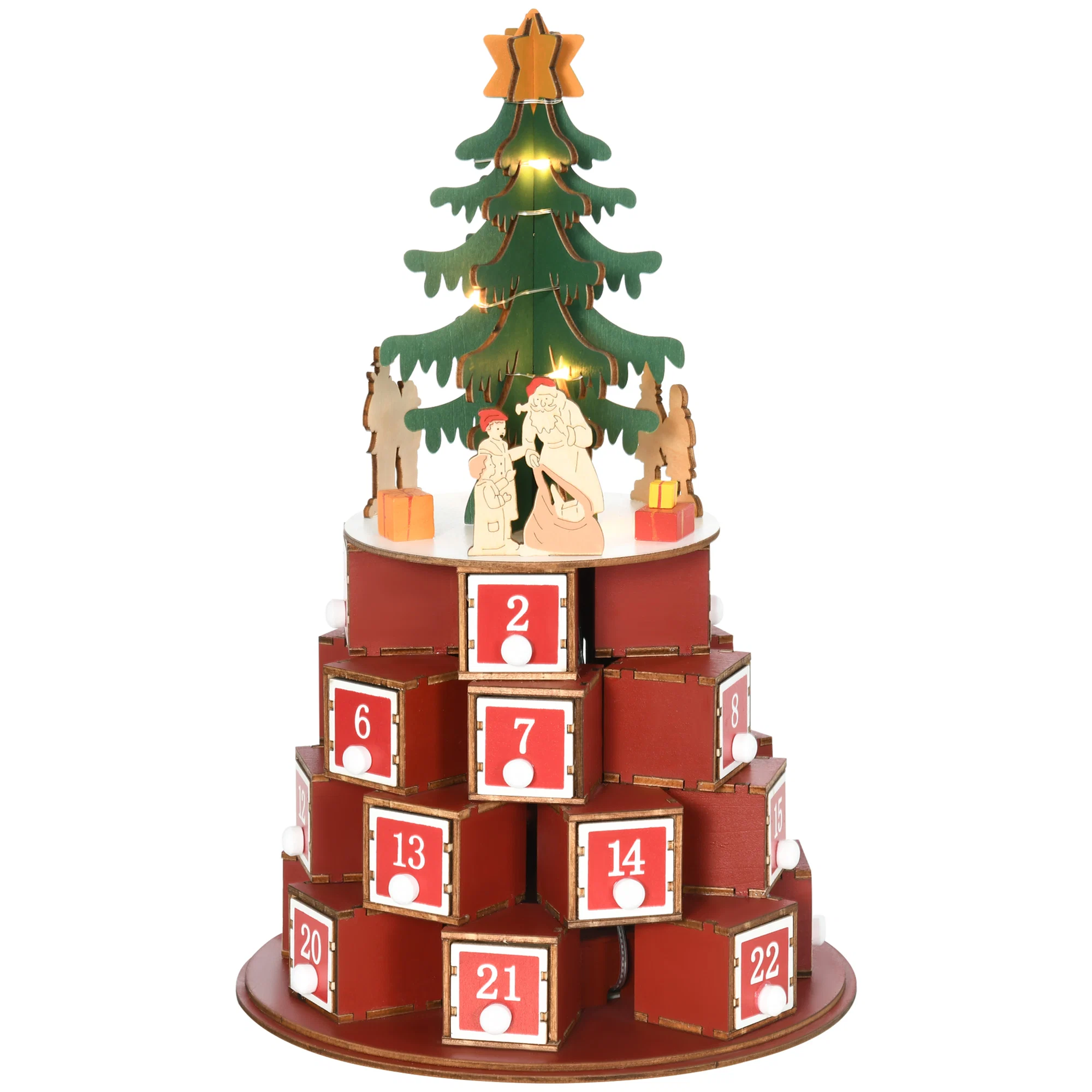 Calendar Advent de Craciun din lemn, cu lumini LED, pentru copii si adulti, rosu si verde Calendar Advent de Craciun din lemn, cu lumini LED, pentru copii si adulti, rosu si verde - imagine 1