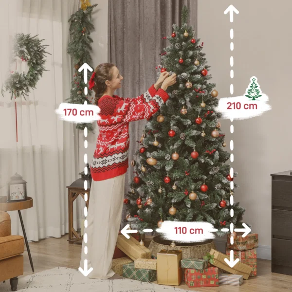 Brad de Craciun Inalt de 210 cm pentru Interior cu 928 de Ramuri, Conuri si Fructe Rosii, Baza din Metal, Verde - imagine 3