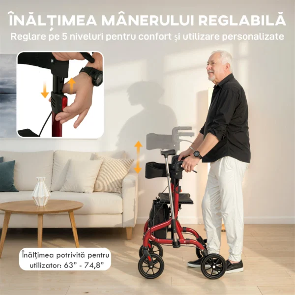 Premergator cu Scaun si Spatar pentru Varstnici, Pliabil, Reglabil, Geanta si Suport Baston, Rosu - imagine 4