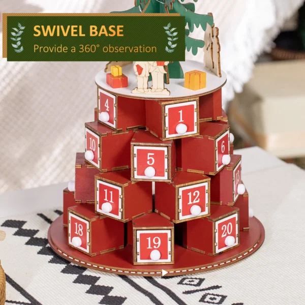 Calendar Advent de Craciun din lemn, cu lumini LED, pentru copii si adulti, rosu si verde - imagine 5