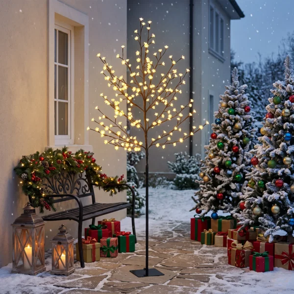 Copac de Craciun tip cires, 180 cm, cu LED-uri, 20 ramuri, timer zilnic, pentru interior si exterior acoperit, negru - imagine 9