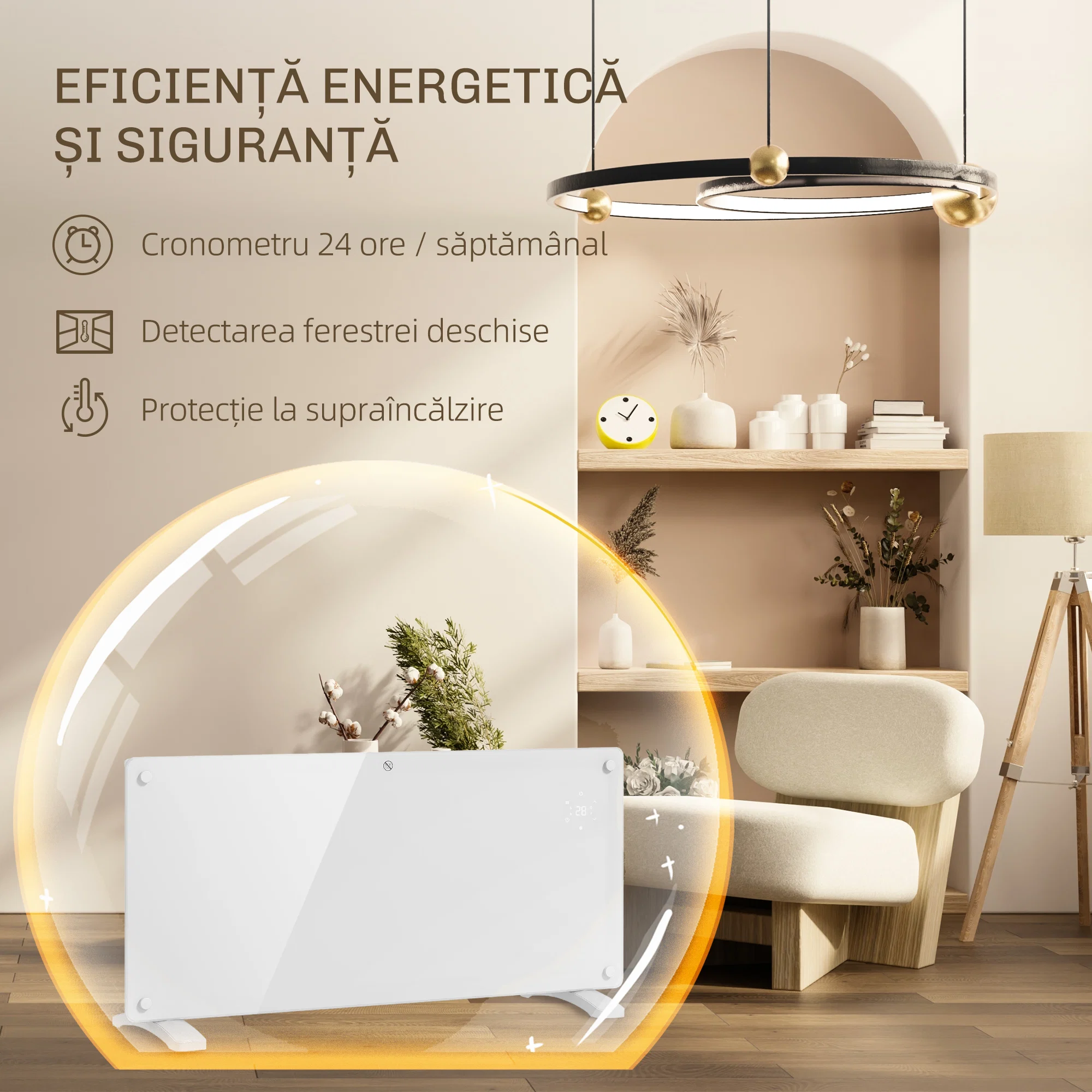 Radiator Electric cu Convectie 2000W, Temperatura Reglabila cu Telecomanda si Timer, 87x21.5x44.5 cm, Alb 3 Radiator electric cu functii de temporizare si protectie la supraincalzire