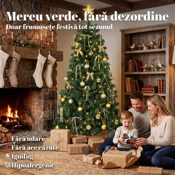 Brad de Craciun Artificial 180 cm cu 240 LED-uri, 755 Ramuri din PVC, Stea, Globuri, Funde, Verde - imagine 4