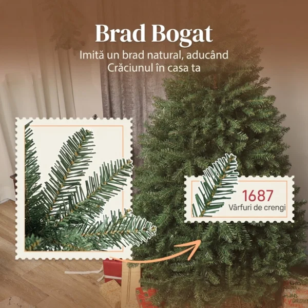 Brad Artificial de Craciun de 180 cm cu Ramuri pe Balama si Baza Metalica Pliabila, Verde - imagine 5