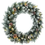 Coronita de Craciun 60 cm cu lumini LED, 8 moduri, 140 ramuri, conuri de pin, verde