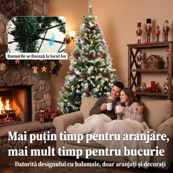Brad de Craciun Inzapezit 210 cm, 400 de Lumini LED Bicolore, Telecomanda, 11 Modalitati, 1253 de Ramuri, Conuri de Pin, Fructe Rosii - imagine 7