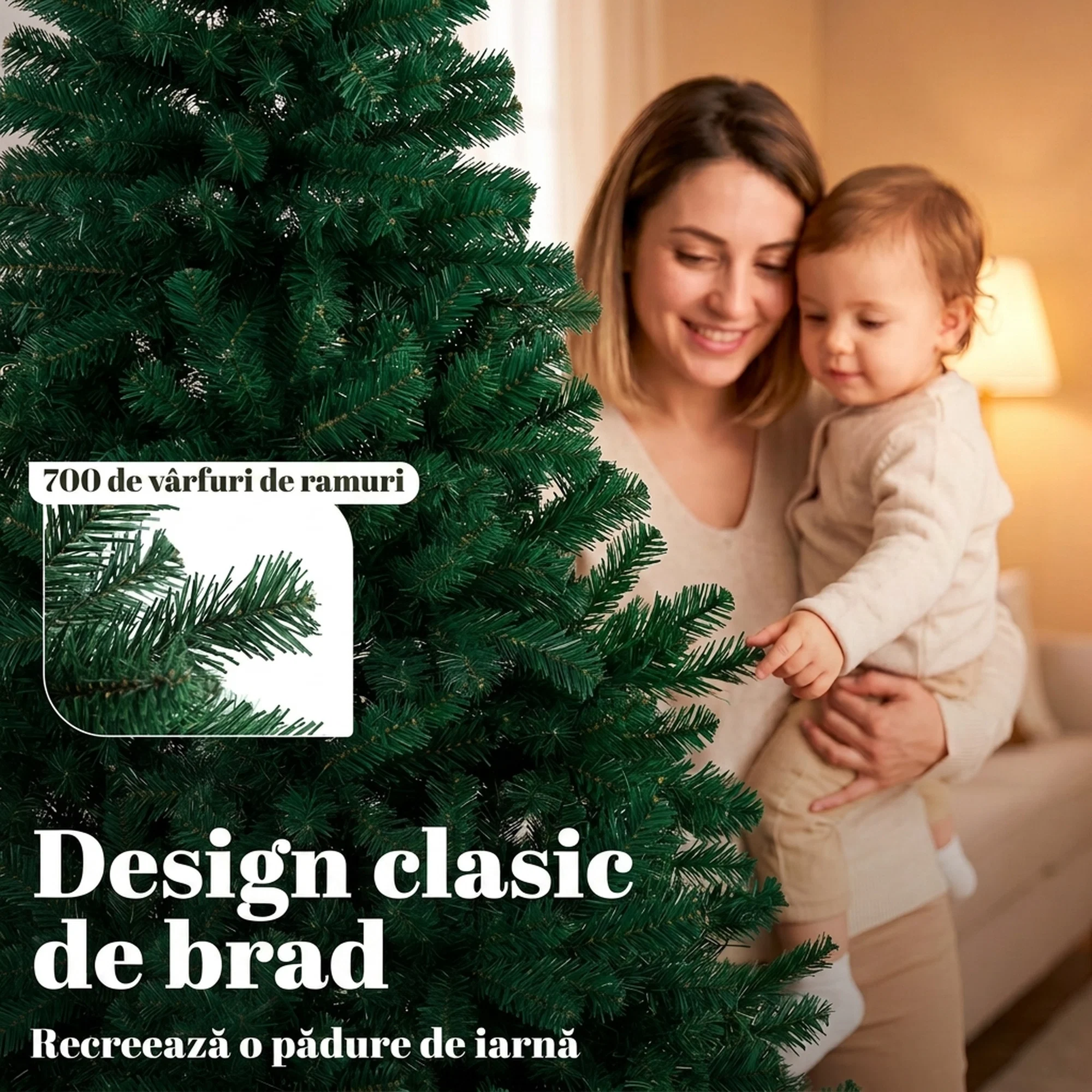 Brad Artificial de Craciun 180 cm cu 700 Ramuri Ignifuge, Baza din Otel,100x100x180 cm, Verde 2 Detaliu al ramurilor si al varfurilor bradului artificial