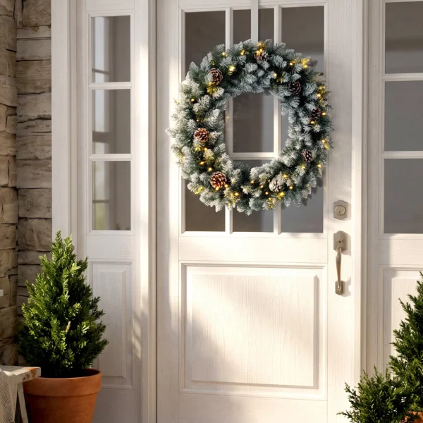 Coronita de Craciun 60 cm cu lumini LED, 8 moduri, 140 ramuri, conuri de pin, verde - imagine 9