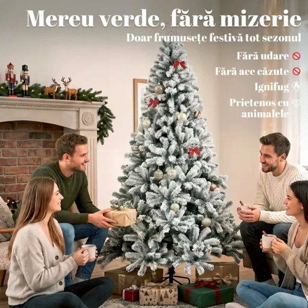 Brad Artificial de Craciun 180 cm cu 650 Ramuri Ignifuge, Efect Inzapezit Realist si Baza din Otel, Verde si Alb - imagine 4