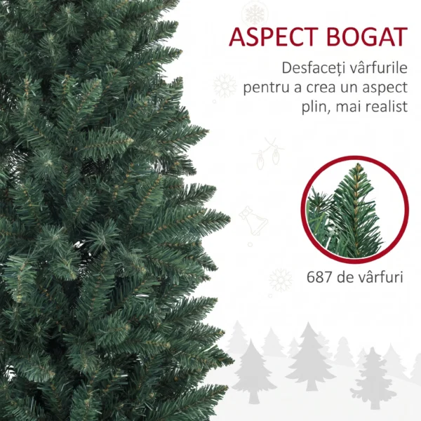 Brad de Craciun Artificial 210 cm cu 687 de Ramuri, Design Ingust si Inalt cu Baza Rabatabila, Verde - imagine 5