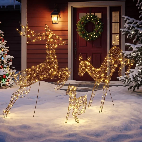 Set 3 reni luminosi de Craciun pentru exterior, 120 cm, 200 LED-uri alb cald, 8 moduri de iluminare, timer, maro - imagine 2
