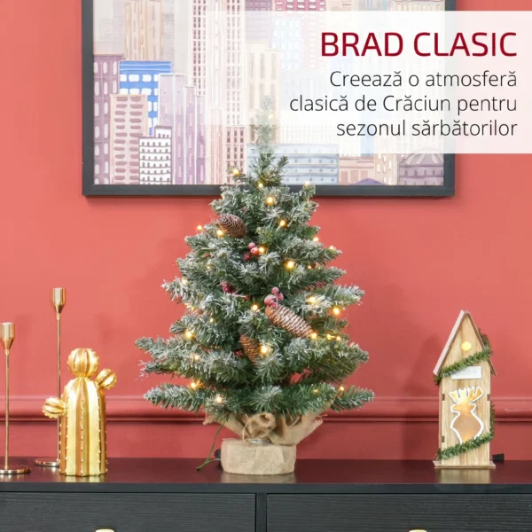 Mini brad de Craciun 60 cm cu lumini integrate, 86 ramuri, conuri de pin, bobite rosii, baza din ciment, verde - imagine 4