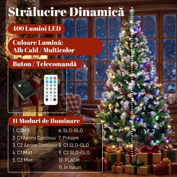 Brad de Craciun Inzapezit 210 cm, 400 de Lumini LED Bicolore, Telecomanda, 11 Modalitati, 1253 de Ramuri, Conuri de Pin, Fructe Rosii - imagine 5