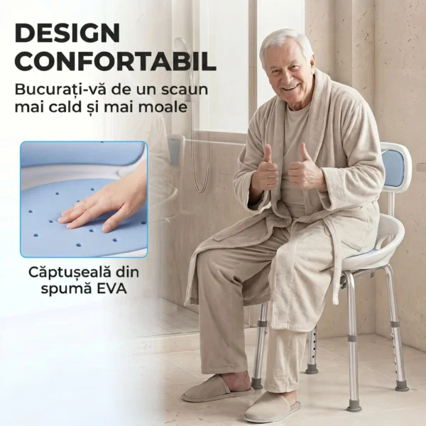 Scaun de Dus cu Spatar si Sezut Perforat, 8 Niveluri Reglabil, Antiderapant, 49,5 x 54 x 92 cm, Albastru - imagine 5