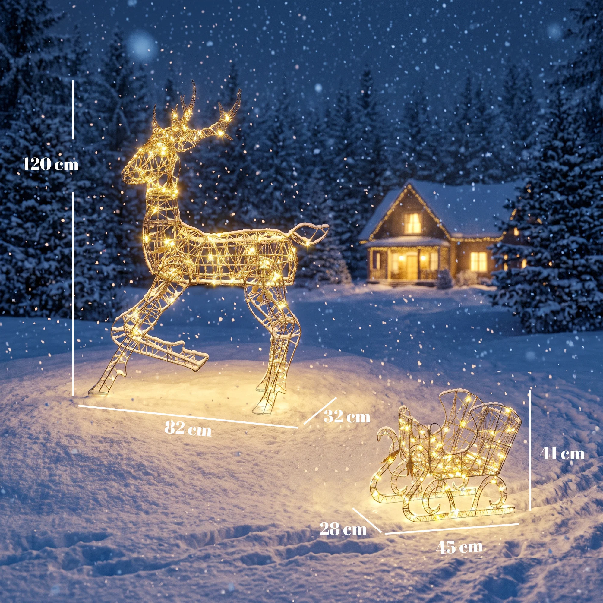 Rena luminoasa de Craciun cu sanie, 175 LED-uri alb cald, 8 moduri de iluminare, timer, IP44, maro 3 Dimensiunile renului si ale saniei luminoase de Craciun