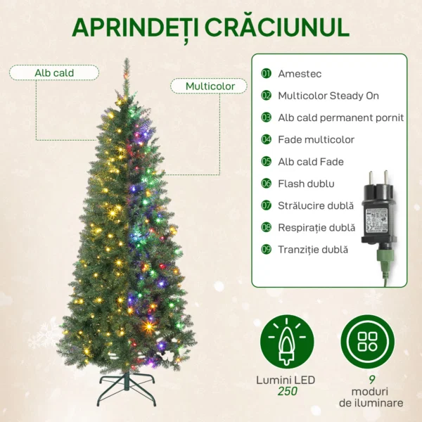 Brad de Craciun de 180 cm, iluminat cu 250 de lumini albe si colorate, 899 ramuri si 9 moduri de iluminare - imagine 5
