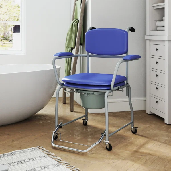 Scaun WC Mobil cu Roti 3 in 1, PU Otel Inoxidabil, Albastru - imagine 10
